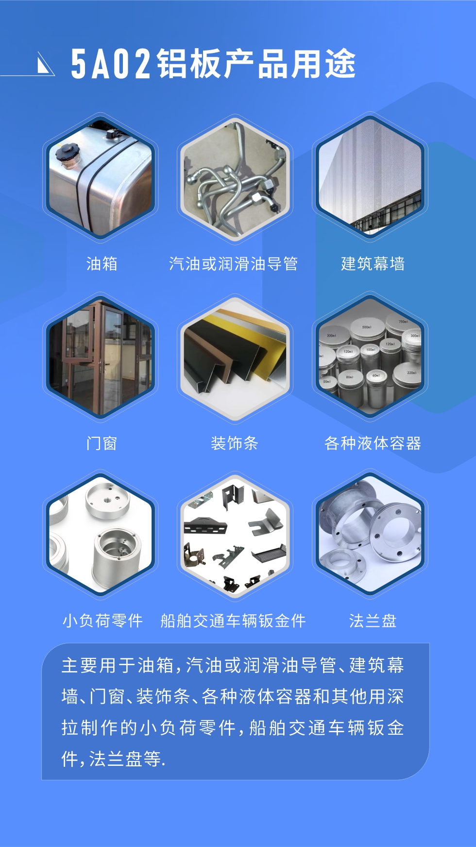 5A02鋁板產(chǎn)品用途:
主要用于油箱，汽油或潤滑油導(dǎo)管、建筑幕墻、門窗、裝飾條、各種液體容器和其他用深拉制作的小負(fù)荷零件，船舶交通車輛鈑金件，法蘭盤等.
