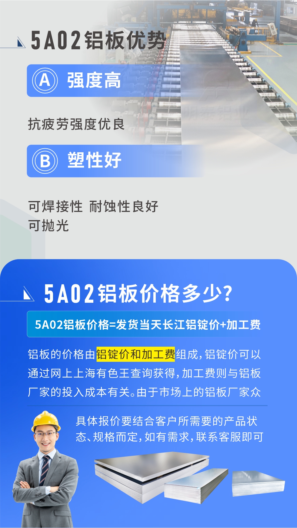 5A02產(chǎn)品優(yōu)勢:強(qiáng)度高、抗疲勞強(qiáng)度優(yōu)良、塑性好、可焊接性、耐蝕性良好、可拋光。5A02鋁板價格多少？5A02鋁板價格=發(fā)貨當(dāng)天長江鋁錠價+加工費；
鋁板的價格由鋁錠價和加工費組成，鋁錠價可以通過網(wǎng)上上海有色王查詢獲得，加工費則與鋁板廠家的投入成本有關(guān)。由于市場上的鋁板廠家眾多，再加上5a05鋁板具有不同的狀態(tài)和規(guī)格，每個廠家、每個狀態(tài)的報價也都是不一樣的。具體報價要結(jié)合客戶所需要的產(chǎn)品狀態(tài)、規(guī)格而定，如有需求，聯(lián)系客服即可安排業(yè)務(wù)經(jīng)理為您報價。點擊在線咨詢。

