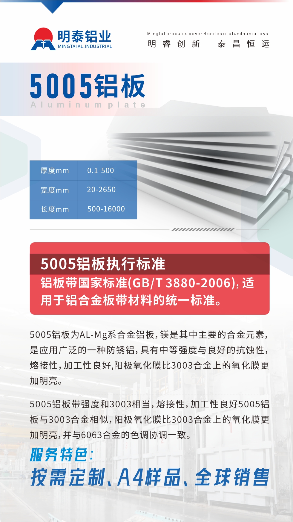 產(chǎn)品介紹

5005鋁板為AL-Mg系合金鋁板，鎂是其中主要的合金元素，是應(yīng)用廣泛的一種防銹鋁，具有中等強(qiáng)度與良好的抗蝕性，熔接性，加工性良好,陽極氧化膜比3003合金上的氧化膜更加明亮。

5005鋁板帶強(qiáng)度和3003相當(dāng)，熔接性，加工性良好5005鋁板與3003合金相似，陽極氧化膜比3003合金上的氧化膜更加明亮，并與6063合金的色調(diào)協(xié)調(diào)一致。服務(wù)特色：按需定制、A4樣品、全球銷售!

