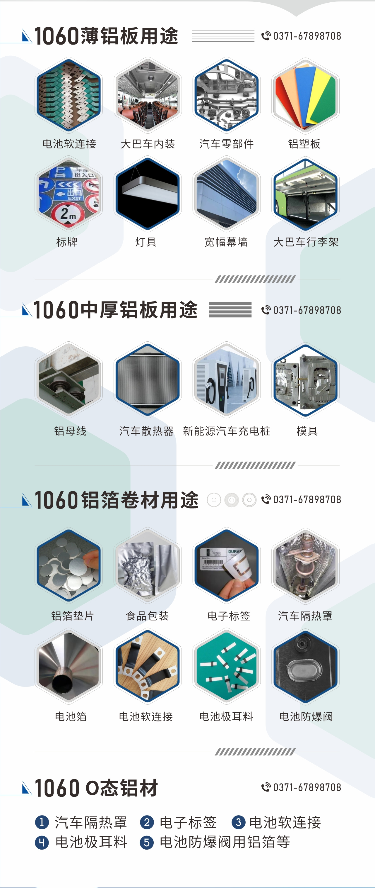 1060鋁板卷用途
　　1060鋁薄板用途： 電池軟連接、大巴車內(nèi)裝、汽車零部件、鋁塑板、標(biāo)牌、燈具、寬幅幕墻、大巴車行李架/地板/花紋板(宇通公司使用)等;1060中厚鋁板用途：鋁母線、汽車散熱器、新能源汽車充電樁、模具等;1060鋁箔卷材用途：鋁箔墊片、食品包裝、電子標(biāo)簽、汽車隔熱罩用鋁箔、電池箔、電池軟連接、電池極耳料、電池防爆閥等;1060-O態(tài)鋁材用途：汽車隔熱罩、電子標(biāo)簽、電池軟連接、電池極耳料、電池防爆閥用鋁箔等;1060鋁板多少錢1噸.1060鋁板價(jià)格=發(fā)貨當(dāng)天長江鋁錠價(jià)+加工費(fèi)