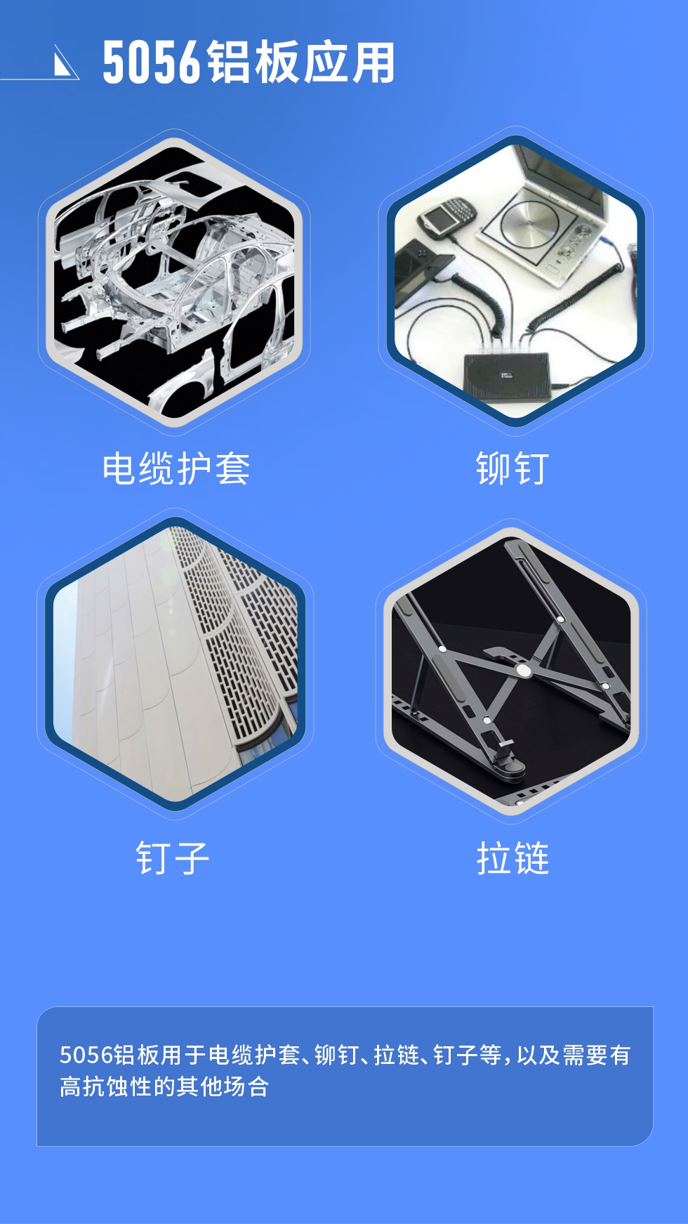市場(chǎng)應(yīng)用
　　5056鋁板用于電纜護(hù)套、鉚釘、拉鏈、釘子等，以及需要有高抗蝕性的其他場(chǎng)合。
　　5056鋁板生產(chǎn)廠家
　　明泰鋁業(yè)支持定做，為用戶合理推薦更合理產(chǎn)品規(guī)格，并提供優(yōu)惠報(bào)價(jià)，讓您選購(gòu)無(wú)憂。
　　明泰鋁業(yè)是一家集科研、加工、制造為一體的大型現(xiàn)代化鋁加工企業(yè)。公司可生產(chǎn)1-8系鋁板帶箔產(chǎn)品，規(guī)格齊全。