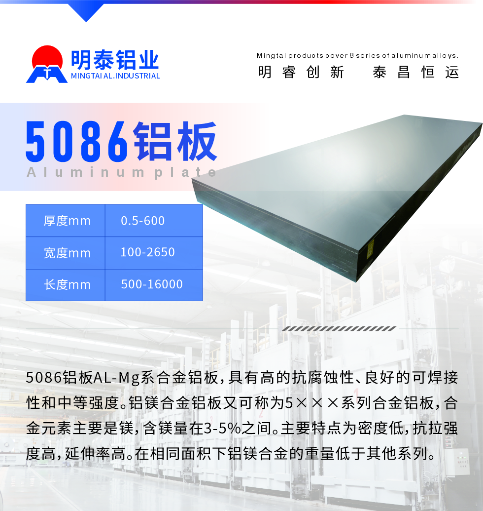 產(chǎn)品介紹
　　5086鋁板AL-Mg系合金鋁板，具有高的抗腐蝕性、良好的可焊接性和中等強(qiáng)度。鋁鎂合金鋁板又可稱為5×××系列合金鋁板，合金元素主要是鎂，含鎂量在3-5%之間。主要特點(diǎn)為密度低，抗拉強(qiáng)度高，延伸率高。在相同面積下鋁鎂合金的重量低于其他系列。
