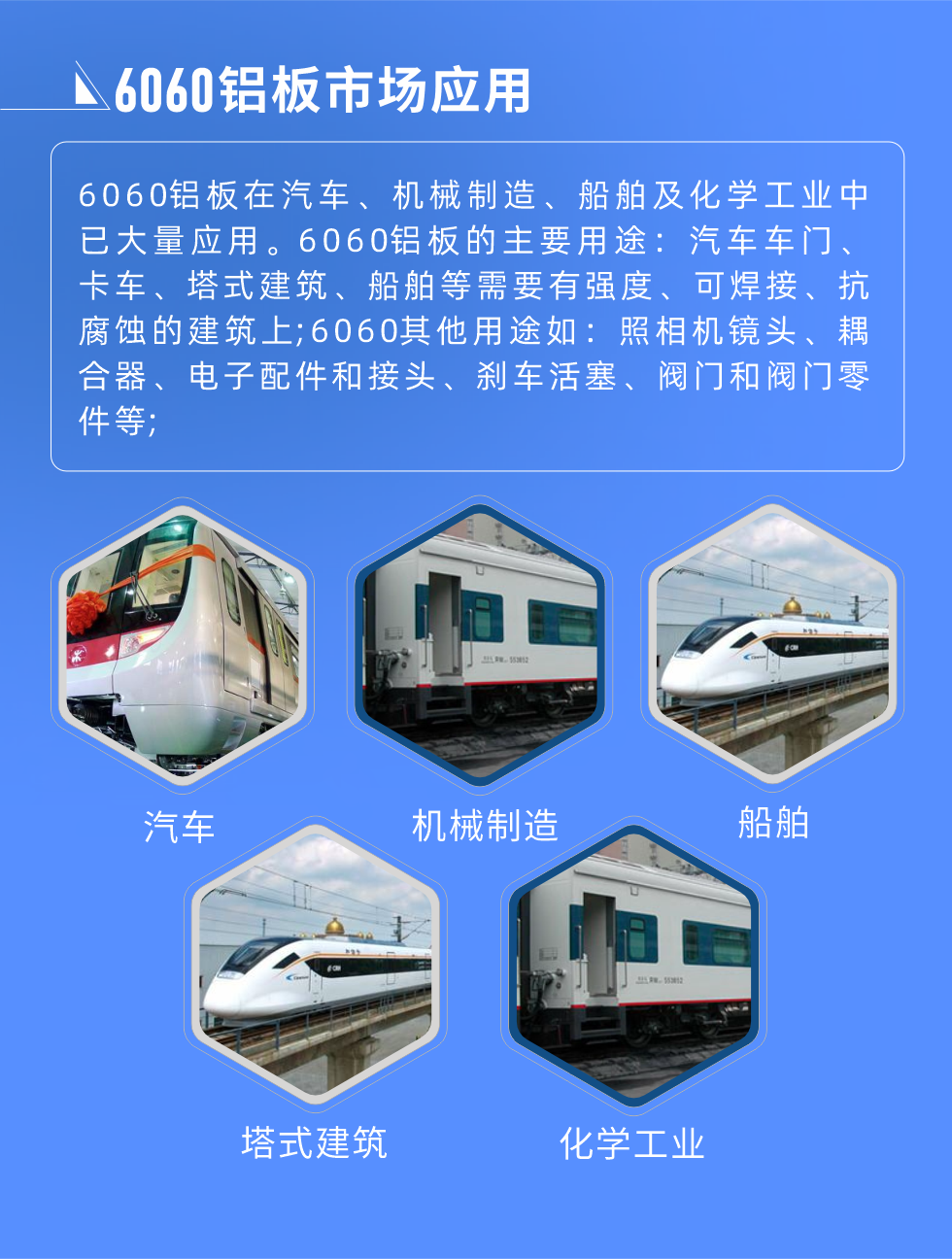6060鋁板標準對照
美國鋁業(yè)協(xié)會(AA) 6060，UNS A96060，ISO R209 AlMgSi;6060鋁板市場應(yīng)用:
6060鋁板在汽車、機械制造、船舶及化學(xué)工業(yè)中已大量應(yīng)用。6060鋁板的主要用途：汽車車門、卡車、塔式建筑、船舶等需要有強度、可焊接、抗腐蝕的建筑上;6060其他用途如：照相機鏡頭、耦合器、電子配件和接頭、剎車活塞、閥門和閥門零件等;

