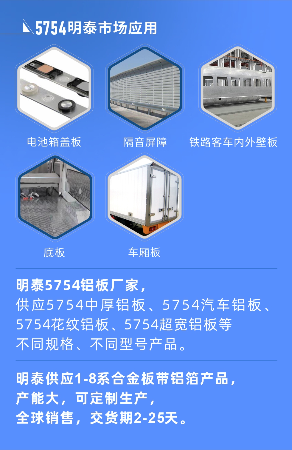 明泰5754鋁板優(yōu)勢(shì)

　　1、可焊接性能強(qiáng)，焊接裂縫的傾向低，焊縫和基體金屬的強(qiáng)度高。

　　2、表面的氧化物較少，軋制板材的表面質(zhì)量好，光滑無裂紋，無腐蝕斑點(diǎn)和硝鹽痕跡。

　　3、5754鋁板屬于中高強(qiáng)度的鋁合金，疲勞性能和耐腐蝕性能好。

　　4、可根據(jù)客戶需求定制不同厚度、不同版型的5754鋁板產(chǎn)品。

　　5754鋁板生產(chǎn)以及包裝要求
　　1、表面不允許有裂紋、腐蝕斑點(diǎn)和硝鹽痕跡。

　　2、表面上允許有深度不超過缺陷所在部位壁厚公稱尺寸8%的起皮、氣泡、表面粗超和局部機(jī)械損傷，但缺陷深度不能超過0.5mm,缺陷總面積不超過板材總面積的5%。

　　3、允許供貨方沿型材縱向打光至表面光滑。

　　4、其他要求：有需求方和供貨方自己擬定。

