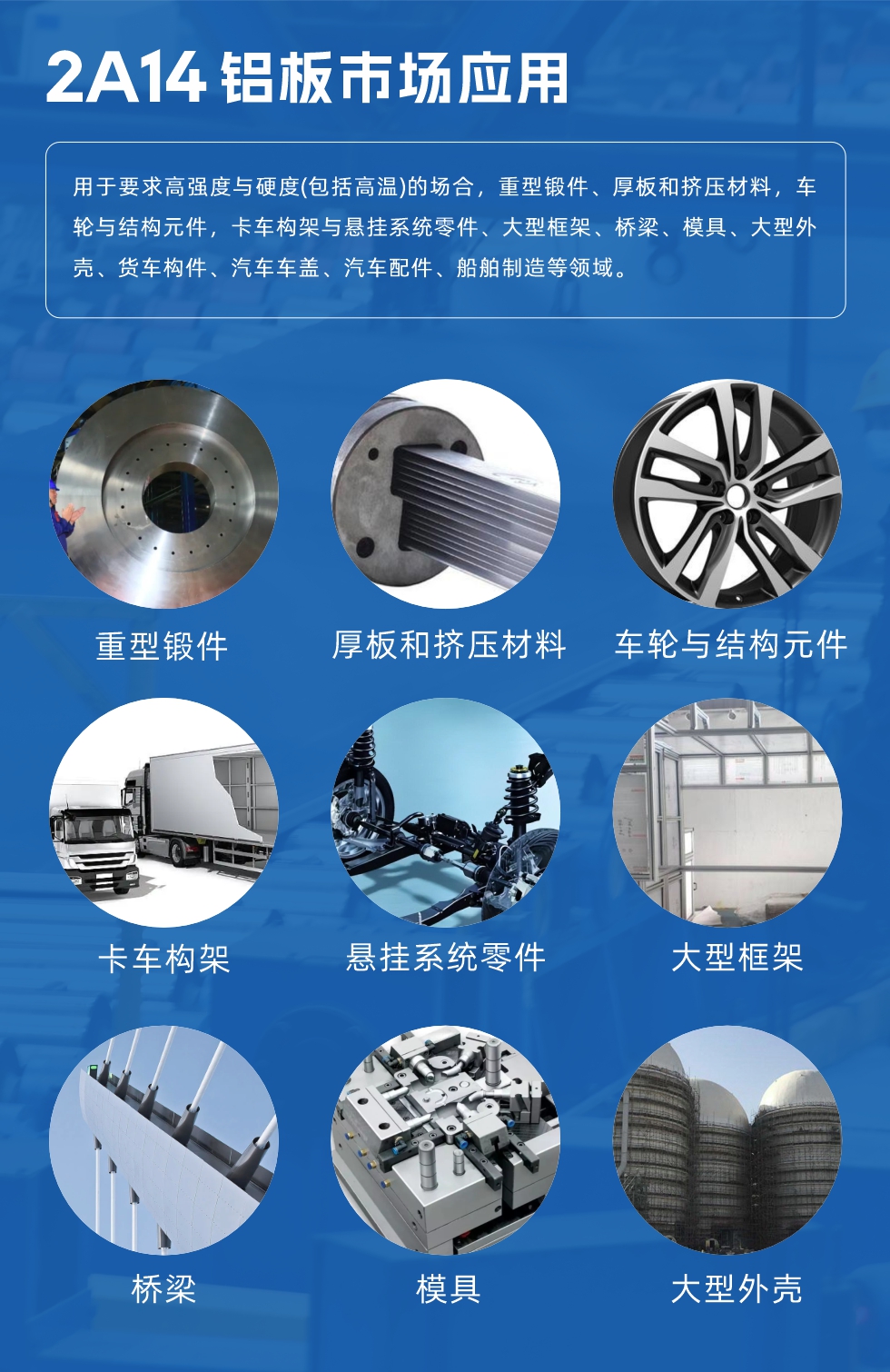 2A14鋁板市場(chǎng)應(yīng)用：

用于要求高強(qiáng)度與硬度(包括高溫)的場(chǎng)合，重型鍛件、厚板和擠壓材料，車輪與結(jié)構(gòu)元件，卡車構(gòu)架與懸掛系統(tǒng)零件、大型框架、橋梁、模具、大型外殼、貨車構(gòu)件、汽車車蓋、汽車配件、船舶制造等領(lǐng)域。
