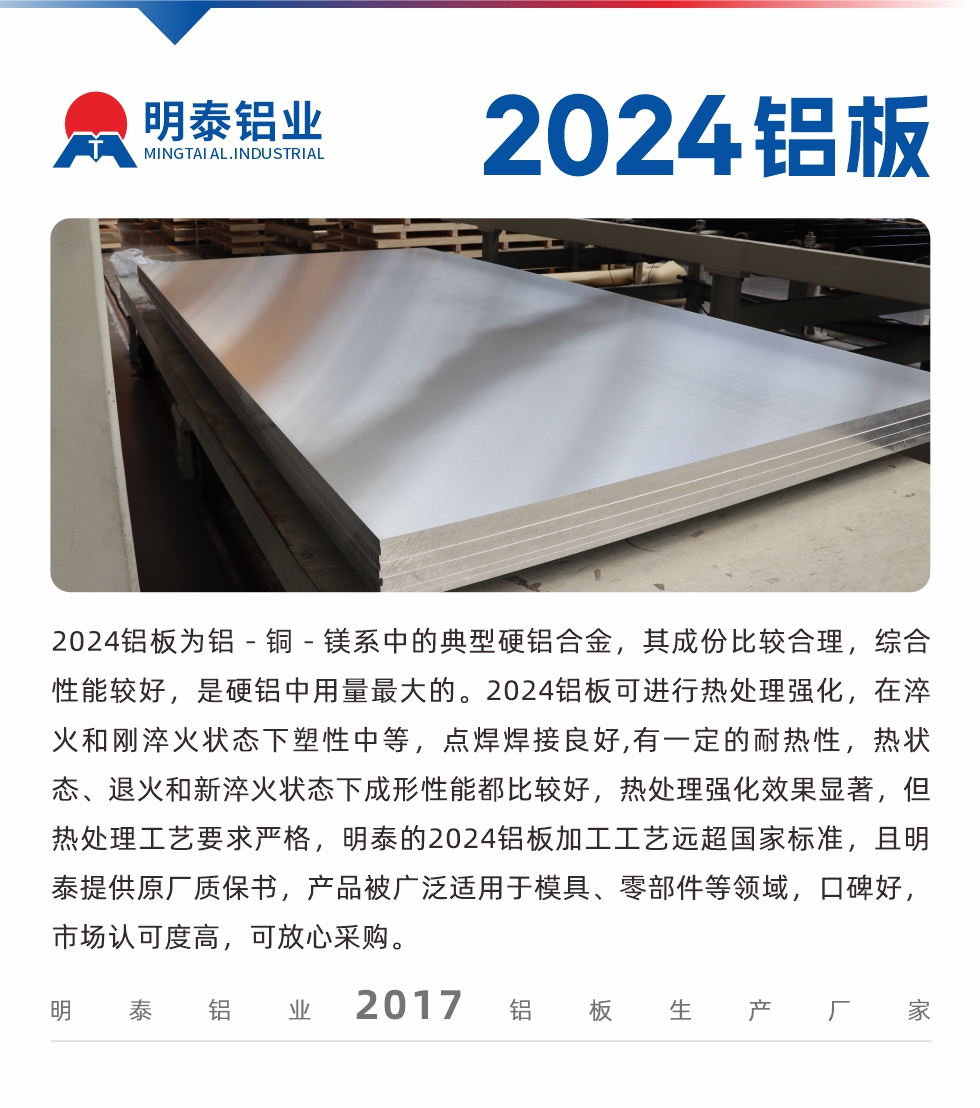 2024鋁板為鋁－銅－鎂系中的典型硬鋁合金，其成份比較合理，綜合性能較好，是硬鋁中用量最大的。2024鋁板可進(jìn)行熱處理強(qiáng)化，在淬火和剛淬火狀態(tài)下塑性中等，點(diǎn)焊焊接良好,有一定的耐熱性，熱狀態(tài)、退火和新淬火狀態(tài)下成形性能都比較好，熱處理強(qiáng)化效果顯著，但熱處理工藝要求嚴(yán)格，明泰的2024鋁板加工工藝遠(yuǎn)超國家標(biāo)準(zhǔn)，且明泰提供原廠質(zhì)保書，產(chǎn)品被廣泛適用于模具、零部件等領(lǐng)域，口碑好，市場認(rèn)可度高，可放心采購。
