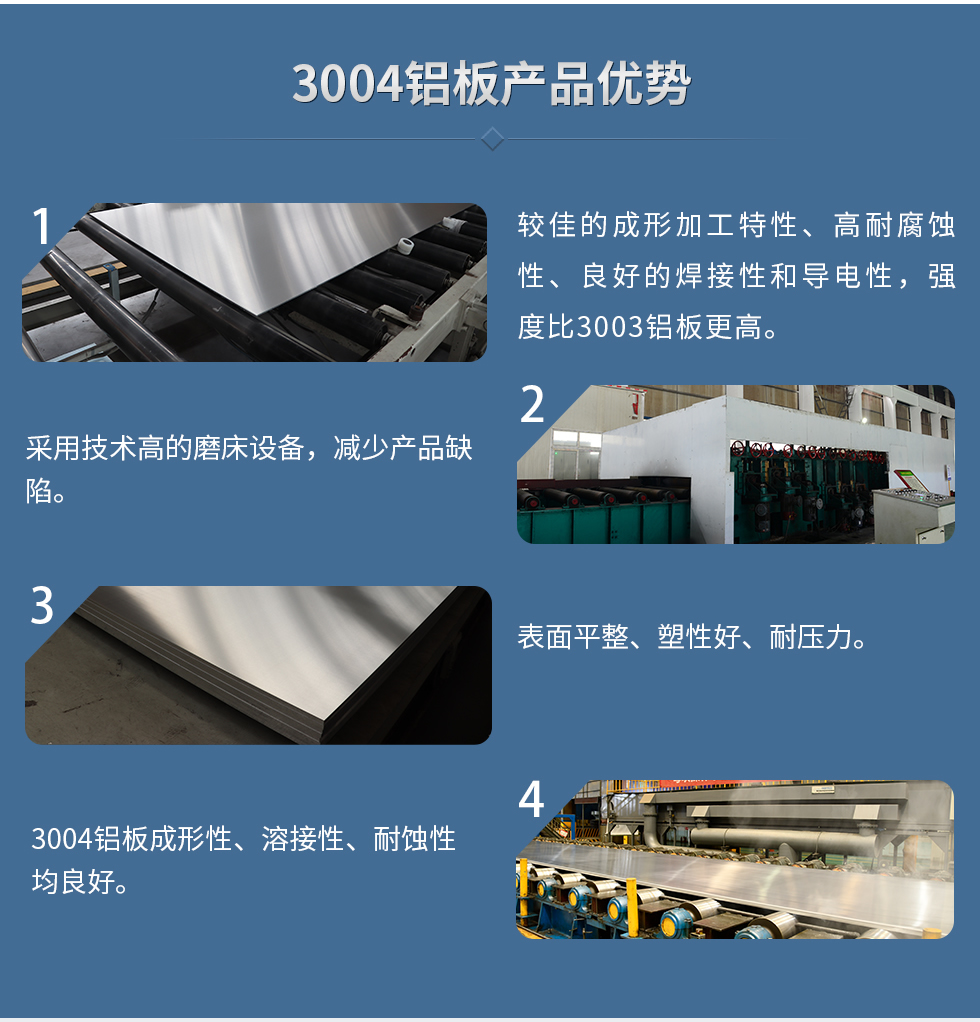 3004鋁板產(chǎn)品優(yōu)勢(shì)
　　1、較佳的成形加工特性、高耐腐蝕性、良好的焊接性和導(dǎo)電性，強(qiáng)度比3003鋁板更高。
　　2、采用技術(shù)高的磨床設(shè)備，減少產(chǎn)品缺陷。
　　3、表面平整、塑性好、耐壓力。
　　明泰3004鋁板優(yōu)勢(shì)
　　1、3004鋁板成形性、溶接性、耐蝕性均良好。
　　2、好的成形加工特性、高耐腐蝕性、良好的焊接性和導(dǎo)電性，強(qiáng)度比3003鋁板更高。
　　3、3004鋁板表面平整、塑性好、耐壓力;
　　4、采用國際先進(jìn)的磨床設(shè)備，減少產(chǎn)品缺陷。