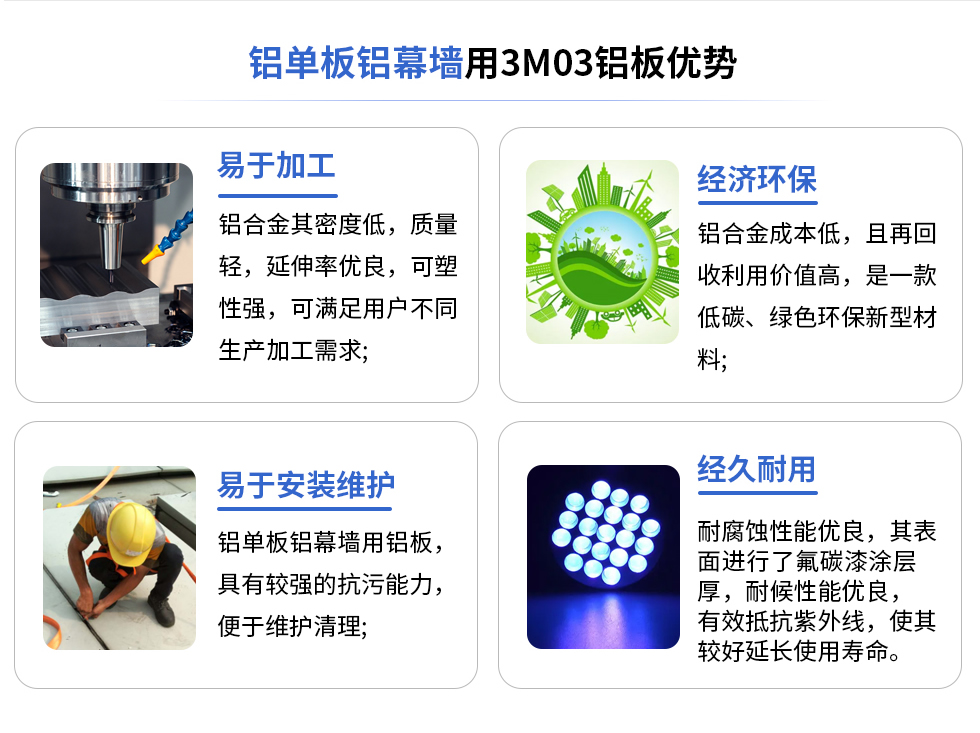 鋁單板鋁幕墻用3M03鋁板優(yōu)勢
易于加工
鋁合金其密度低，質(zhì)量輕，延伸率優(yōu)良，可塑性強，可滿足用戶不同生產(chǎn)加工需求;
易于安裝維護
鋁單板鋁幕墻用鋁板具有較強的抗污能力，便于維護清理;
經(jīng)濟環(huán)保
鋁合金成本低，且再回收利用價值高，是一款低碳、綠色環(huán)保新型材料，
經(jīng)久耐用
耐腐蝕性能優(yōu)良，其表面進行了氟碳漆涂層厚，耐候性能優(yōu)良，有效抵抗紫外線，使其較好延長使用壽命。