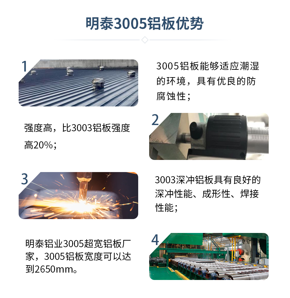 　　明泰3005鋁板優(yōu)勢
　　1、3005鋁板能夠適應(yīng)潮濕的環(huán)境，具有優(yōu)良的防腐蝕性；
　　2、強(qiáng)度高，比3003鋁板強(qiáng)度高20%；
　　3、3003深沖鋁板具有良好的深沖性能、成形性、焊接性能；
　　4、明泰鋁業(yè)3005超寬鋁板廠家，3005鋁板寬度可以達(dá)到2650mm。
